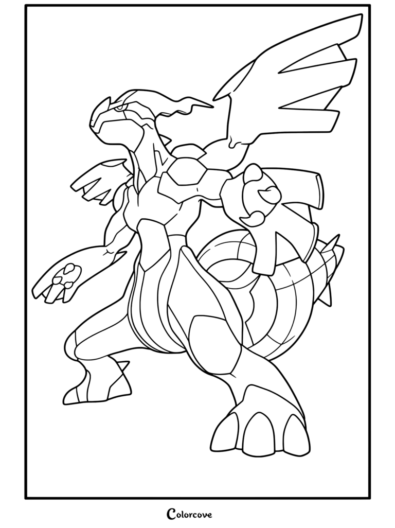 Dibujo para colorear de Zekrom, el pokemon legendario de tipo dragón y eléctrico de pie con una cola con motor de turboescudo.