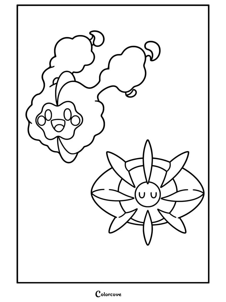 Dibujo para colorear de Cosmog y Cosmoem representando a los Pokemon Legendarios.