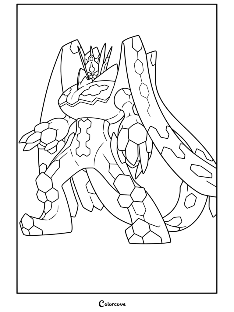 Página para colorear de Zygarde Forma Completa que representa al Pokemon Legendario de pie sobre dos patas con placas hexagonales verdes y negras.