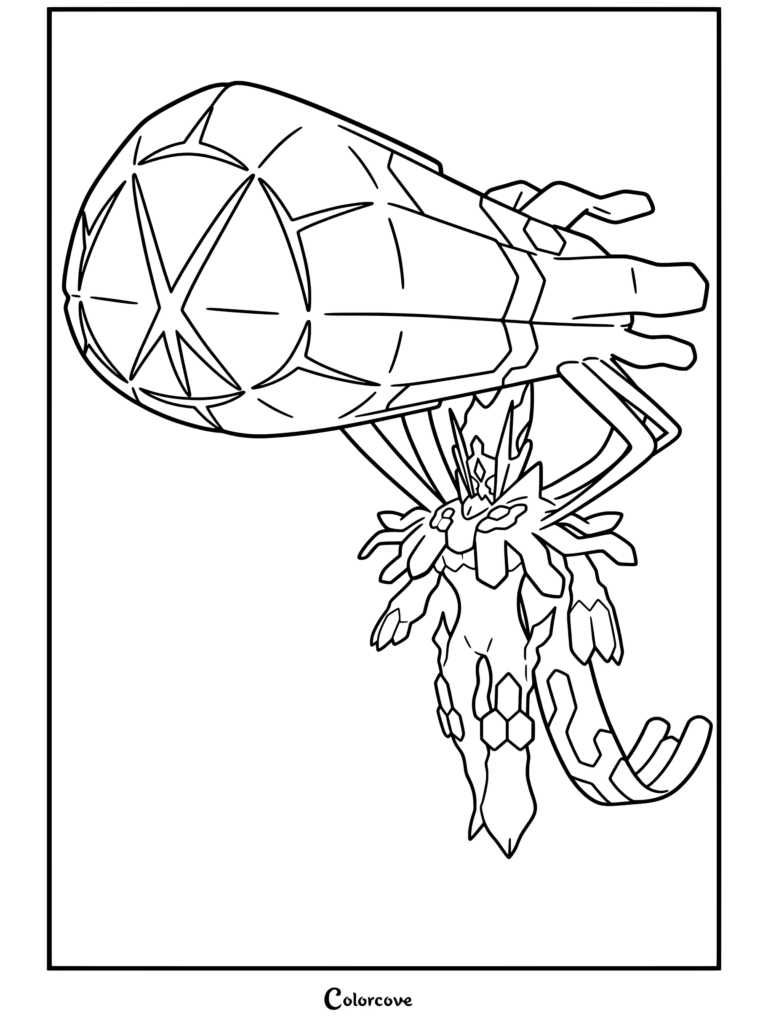 Página para colorear de Pokemon Legendarios con Zygarde Forma Completa con un caparazón de núcleo negro masivo y patrones verdes brillantes.