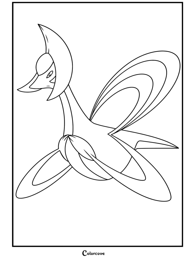 Dibujo para colorear terminado de Cresselia, un Pokemon Legendarios de tipo psíquico que flota con gracia con alas lunares rosadas brillantes y tocado de media luna amarillo.