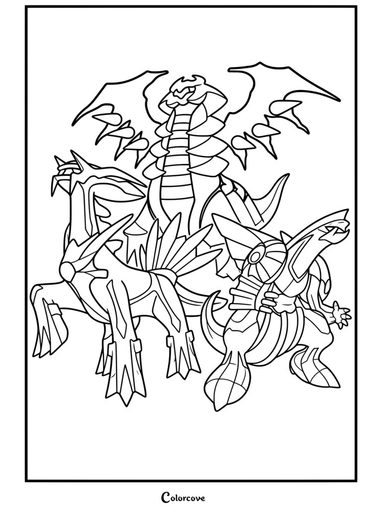 Dibujo para colorear con Dialga, Palkia y Giratina, el trío creación de pokemon legendarios brillando juntos.