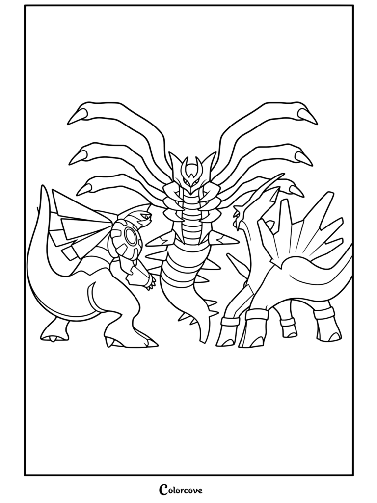 Página para colorear de Dialga, Palkia y Giratina con el trío de Pokemon Legendarios en una escena de acción.