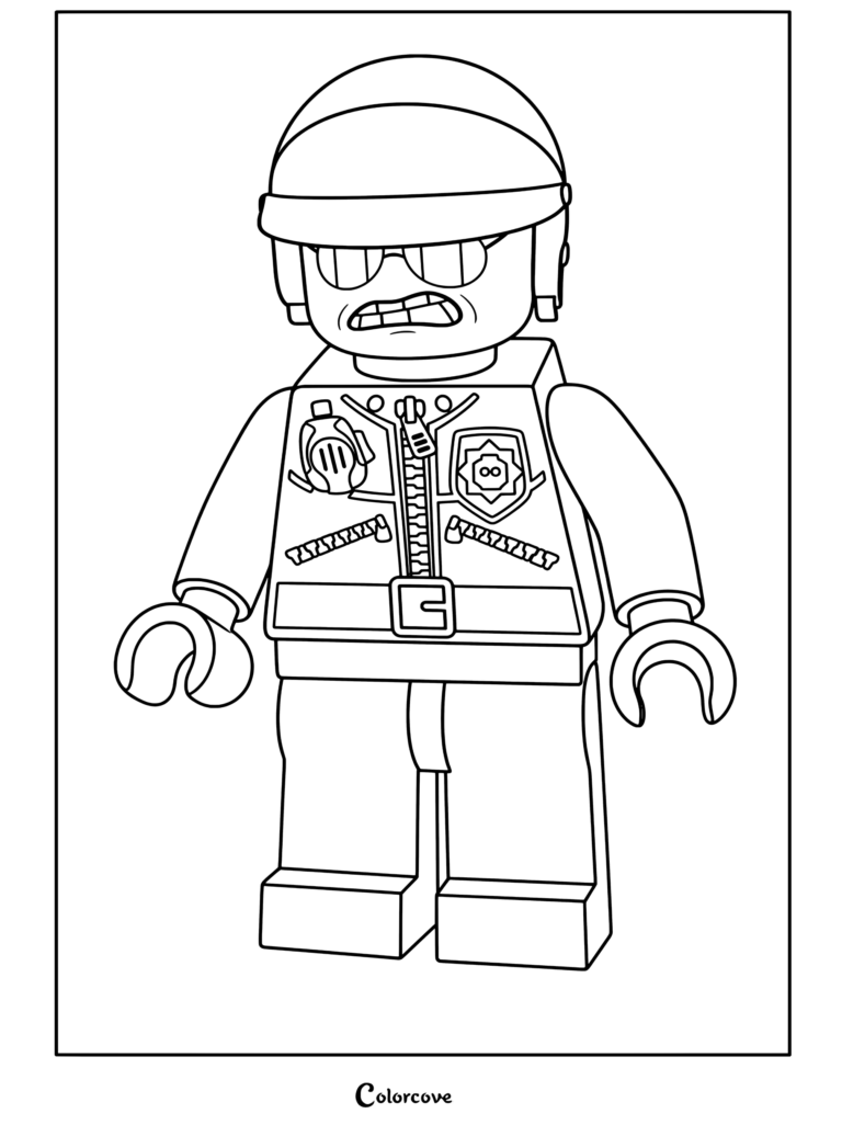 Bad Cop lego minifigure wearing black police uniform with sunglasses and motorcycle helmet coloring page for Lego Movie fans.
