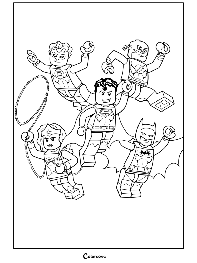 Lego justice league superheroes including superman, batman, wonder woman, the flash, and green lantern flying together in action done coloring page for Lego Movie fans.