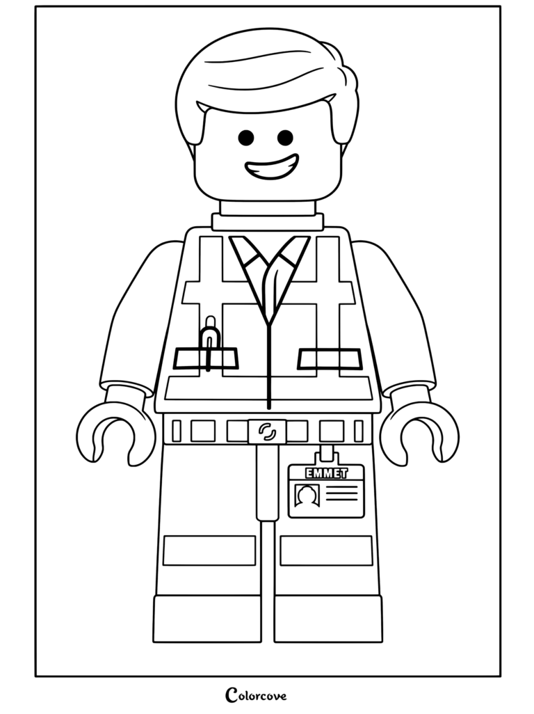 Lego Movie coloring page featuring Emmet with brick constructor orange construction vest and blue sleeves showing smiling expression