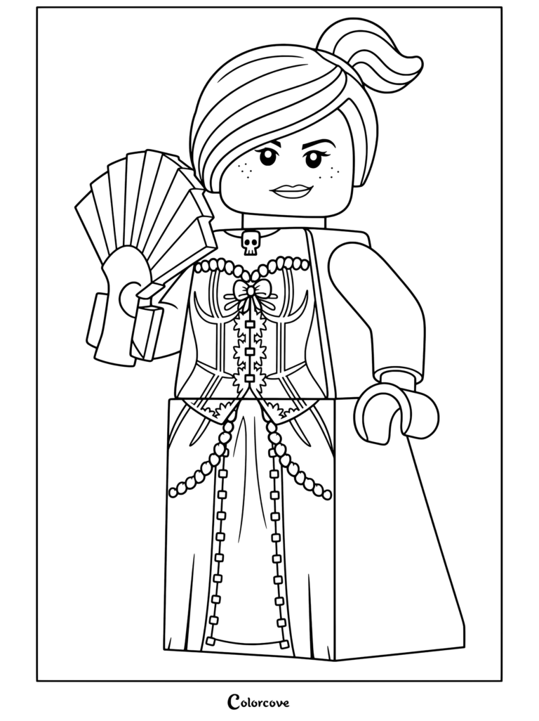 Lego Movie coloring page featuring Wyldstyle dressed in a gothic Victorian gown with a blue skirt, holding a black hand fan.