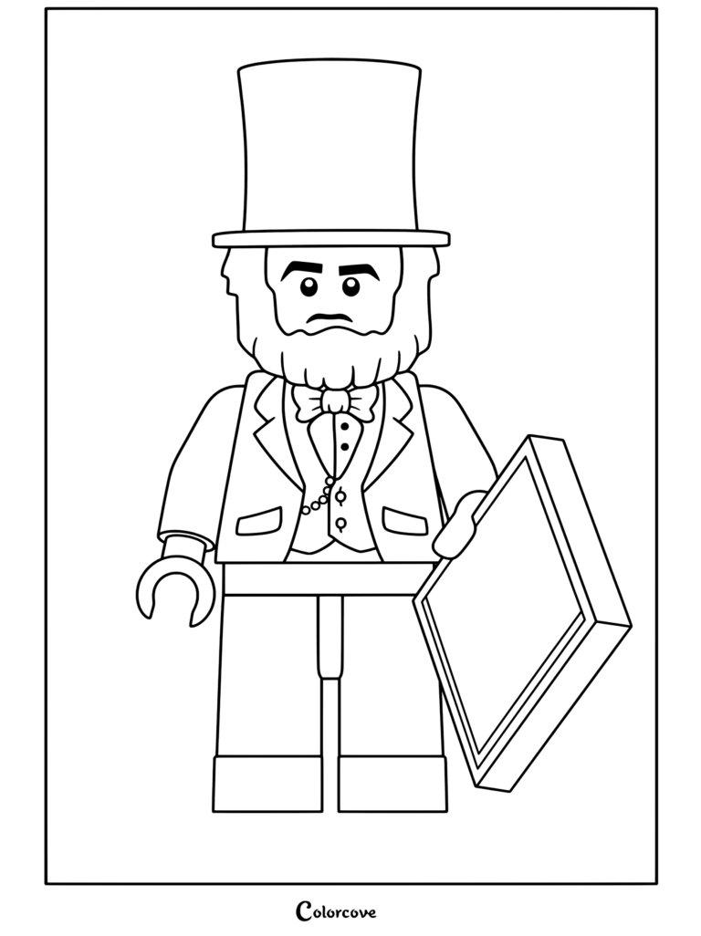 Lego Movie coloring page of Abraham Lincoln minifigure wearing a top hat and holding the Gettysburg Address speech tile