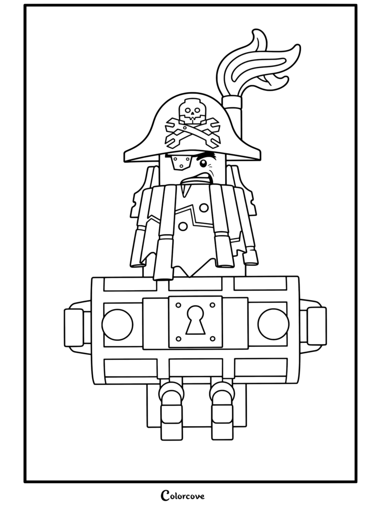 Lego Movie coloring page featuring MetalBeard as a minifigure with a treasure chest torso, pirate hat, and flame plume.