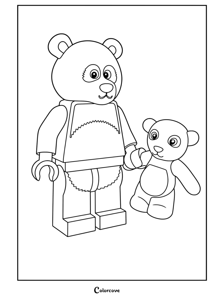 Lego panda minifigure holding hands with baby panda cub coloring page from Lego Movie