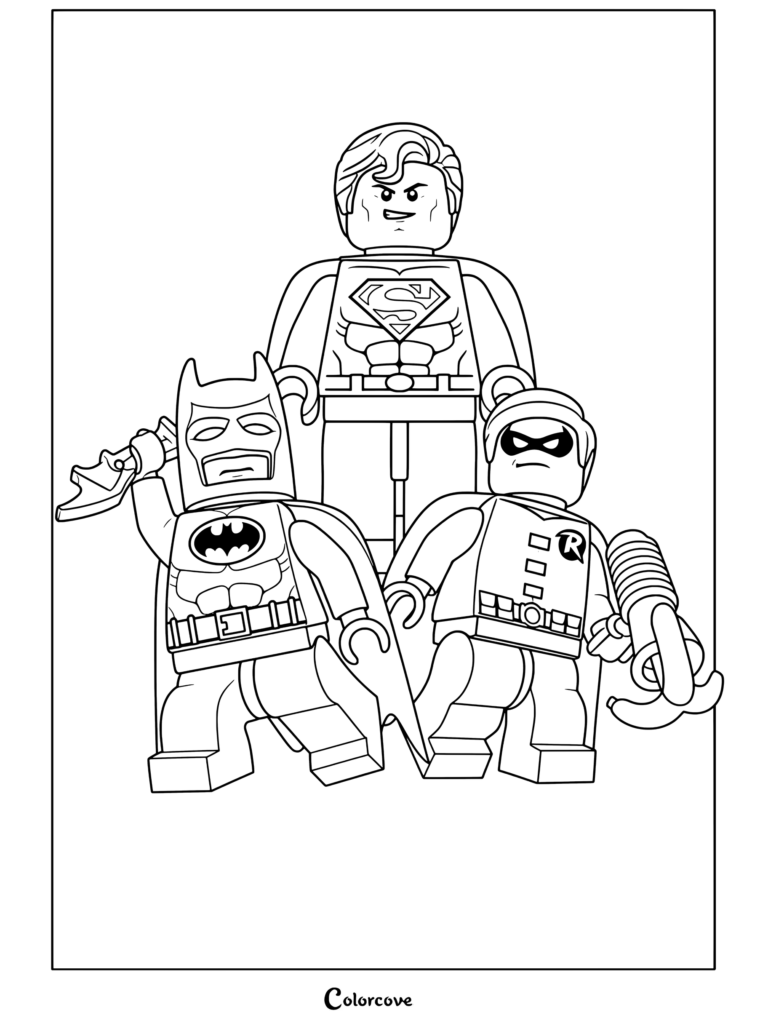 Lego coloring page featuring Lego Superman, Batman, and Robin posing together with a batarang and grappling hook from the Lego Movie