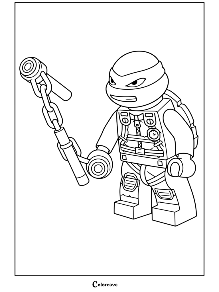 Lego Teenage Mutant Ninja Turtle Michelangelo holding kusarigama weapon with chain done coloring page from Lego Movie