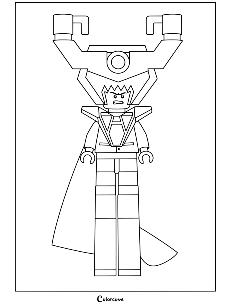 Lord Business Lego minifigure with tall legs and helmet coloring page for Lego Movie fans.