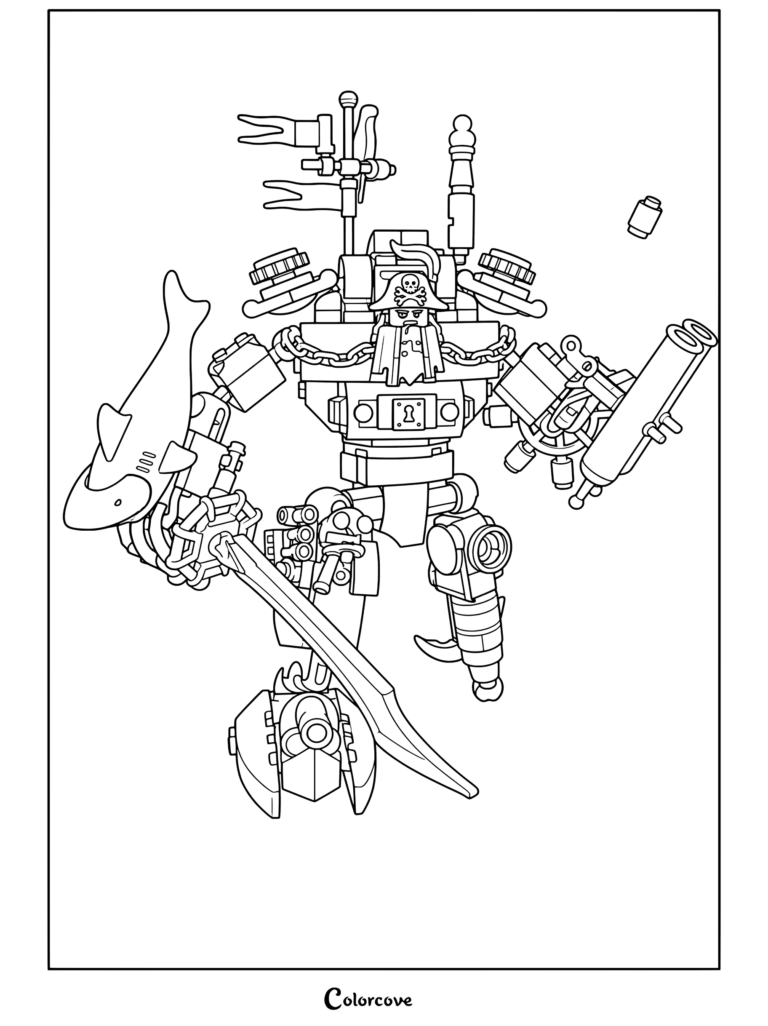 MetalBeard lego movie pirate mech with shark hand and sword done coloring page for kids and adults.