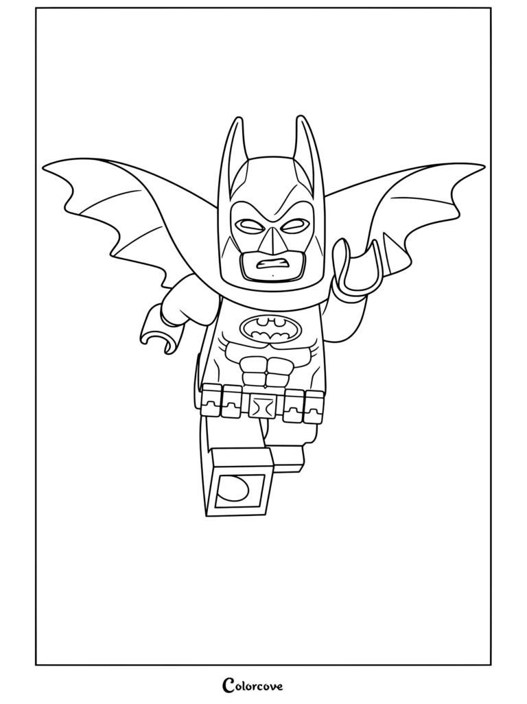 Batman lego flying with cape spread out and determined expression done coloring page for Lego Movie fans.