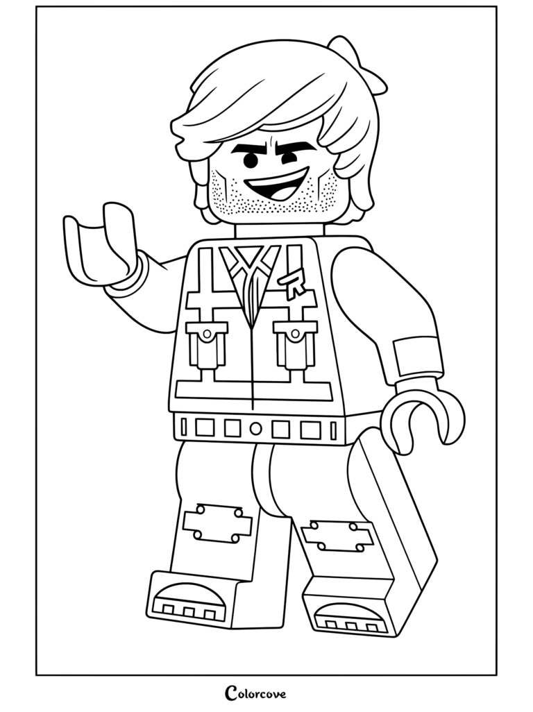 Rex Dangervest lego minifigure waving with blue vest and brown hair done coloring page from The Lego Movie