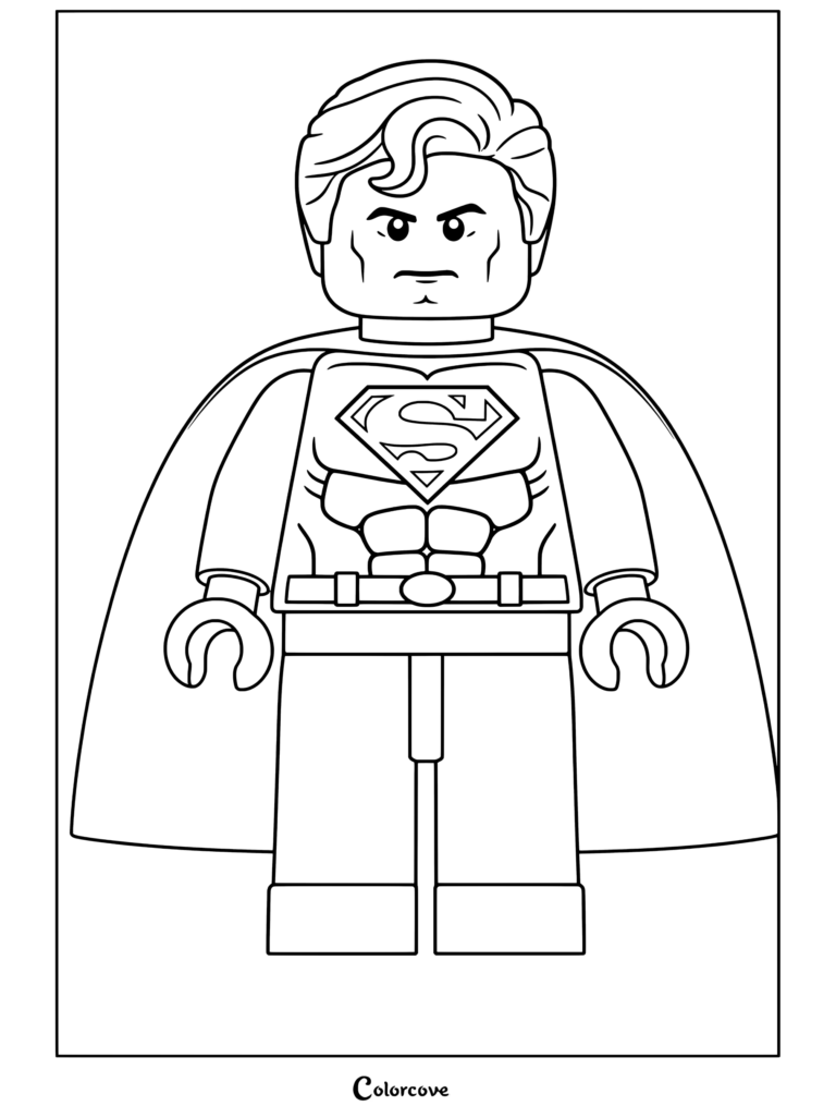 Superman lego minifigure with blue suit red cape and yellow belt done coloring page for Lego Movie fans.