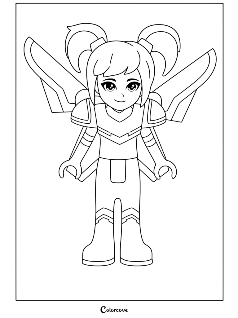 Lego Movie coloring page featuring Sweet Mayhem with white space armor and pigtails