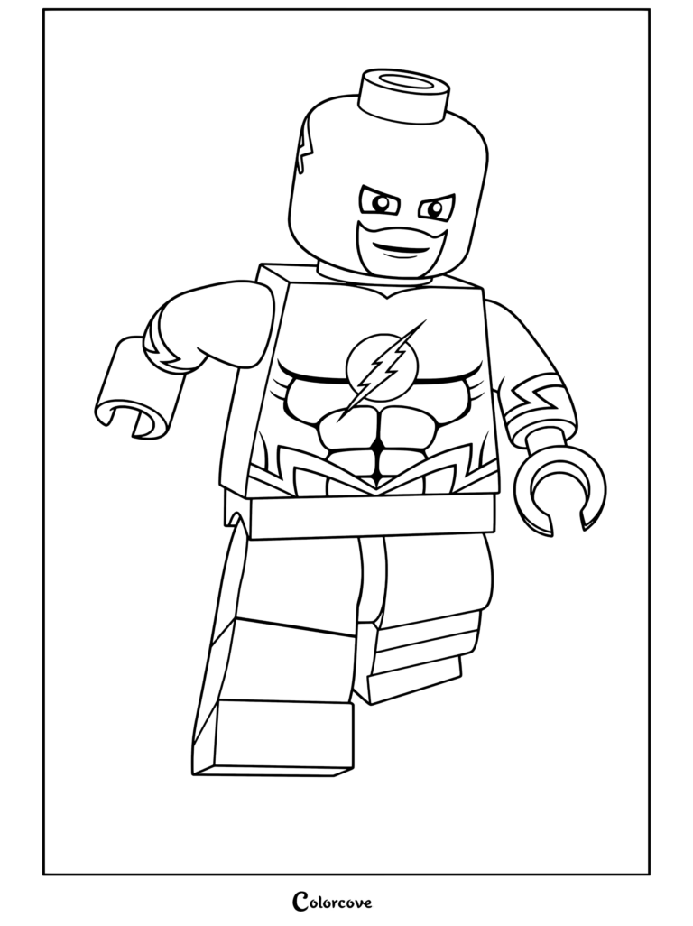 The flash lego minifigure running with red suit yellow boots and lightning bolt emblem done coloring page for Lego Movie fans.
