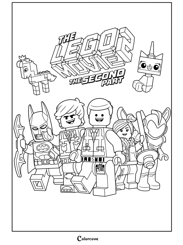 Lego Movie 2 The Second Part coloring page featuring characters Emmet, Rex Dangervest, Wyldstyle, Batman, Unikitty, and Sweet Mayhem.