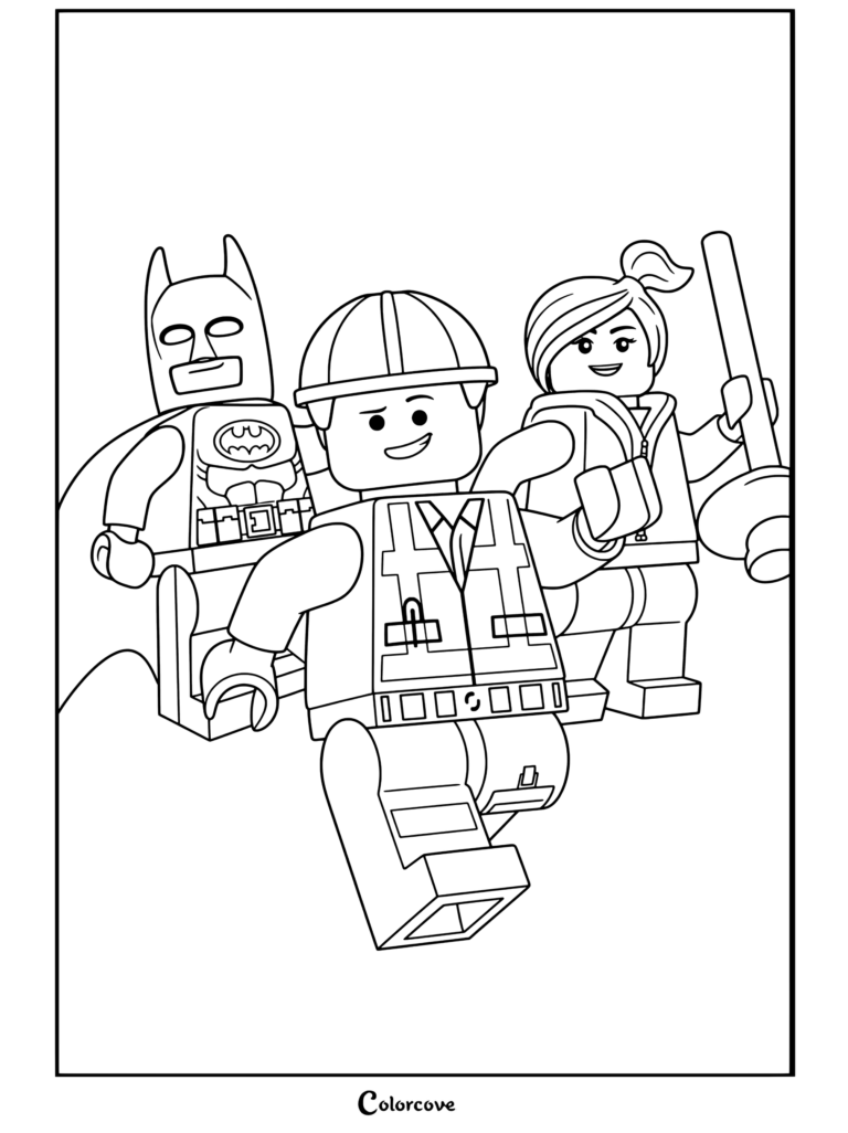 Lego Movie coloring page featuring Emmet running alongside Batman and Wyldstyle holding a plunger weapon.