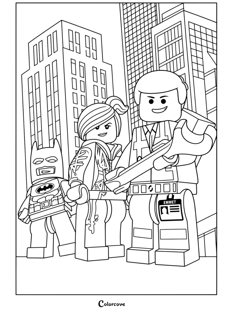 Coloring page featuring Emmet, Wyldstyle, and Batman standing together in the Bricksburg cityscape from The Lego Movie.