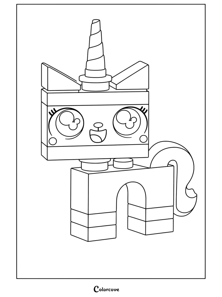 Unikitty brick built figure standing with pink body blue horn and cheerful expression done coloring page from Lego Movie