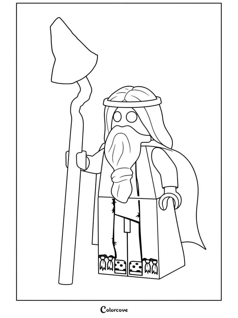 Vitruvius from the Lego Movie holding glowing green staff with blue sparkly cape done coloring page for kids and fans