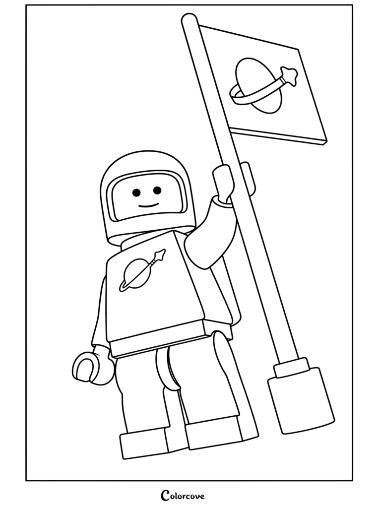 Benny holding a space flag in this printable Lego Movie coloring page.