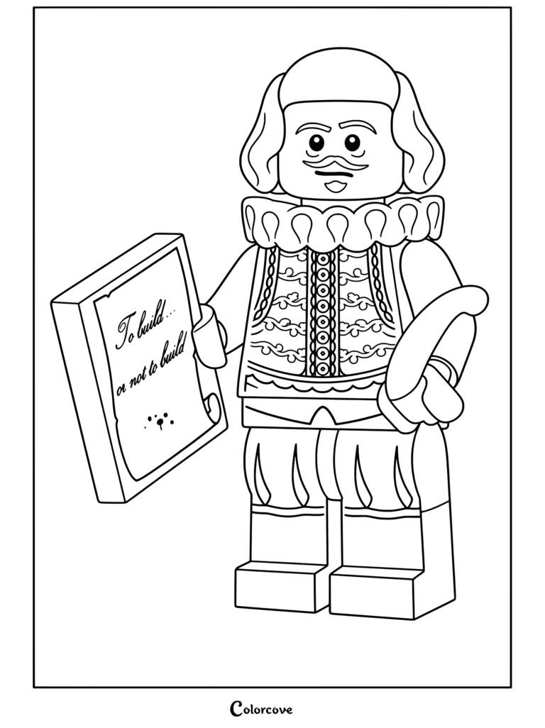 William shakespeare lego minifigure holding scroll and quill feather pen coloring page from Lego Movie