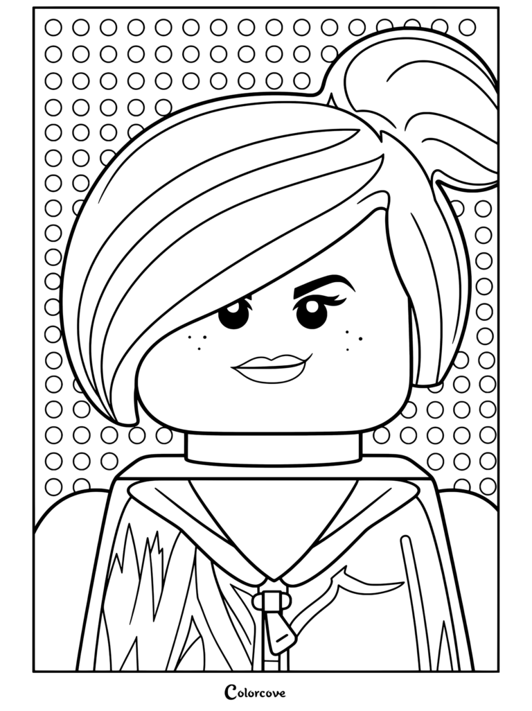 Wyldstyle lego character with black hair pink and blue streaks yellow head and hoodie on purple background done coloring page for Lego Movie