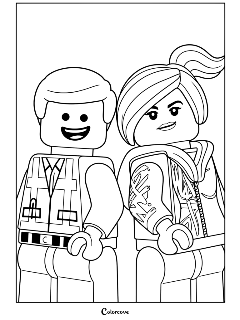 Emmet Brickowski and Wyldstyle Lucy smiling together against blue bokeh background done coloring page for Lego Movie fans.
