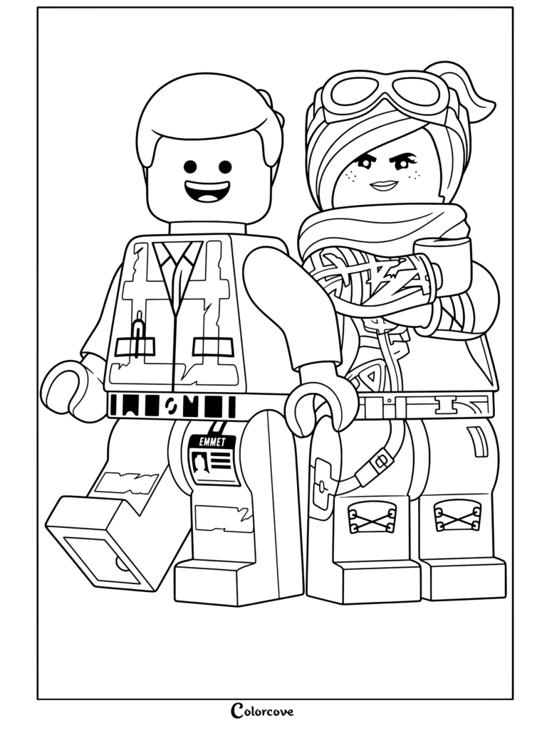 Emmet Brickowski and Wyldstyle Lucy standing side by side in this Lego Movie coloring page.
