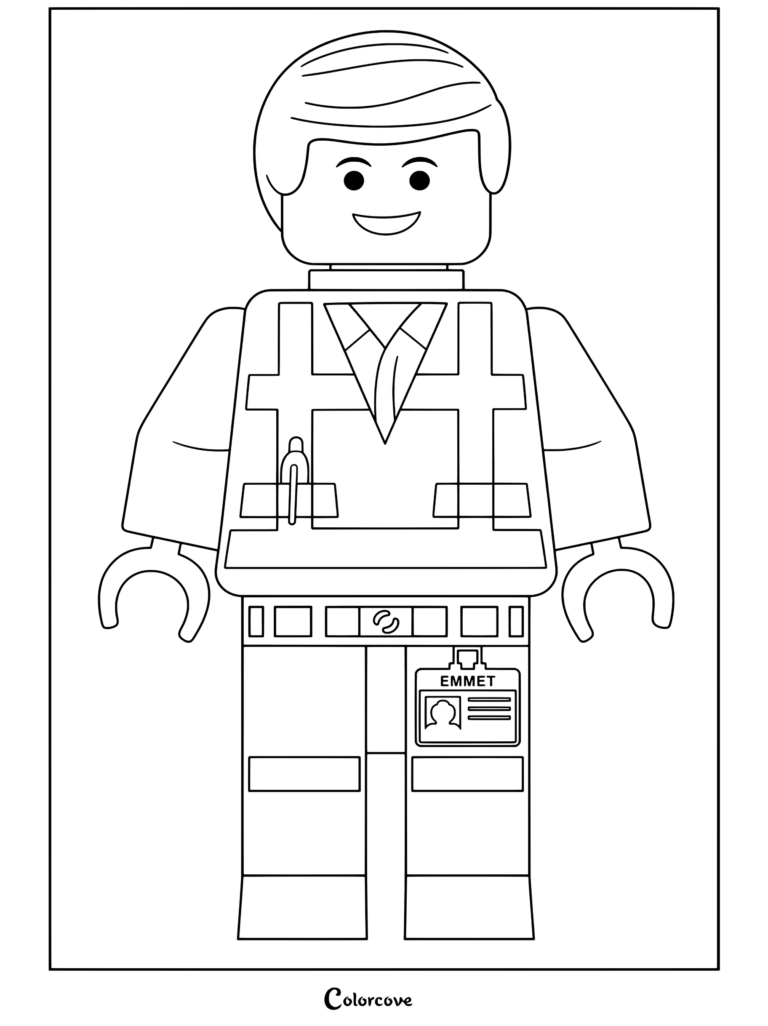 Emmet Brickowski lego minifigure wearing orange construction vest and blue shirt coloring page for fans of The Lego Movie.