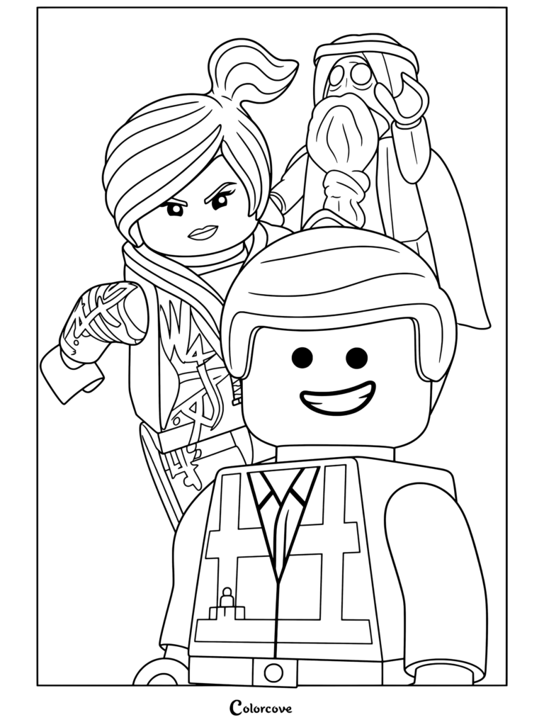 Coloring page featuring a close-up portrait of Emmet, Wyldstyle, and Vitruvius characters from The Lego Movie.
