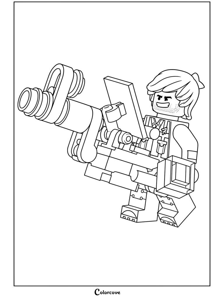 Lego Avengers minifigure holding futuristic laser blaster weapon with blue energy effects and tactical vest coloring page for Lego Movie fans.