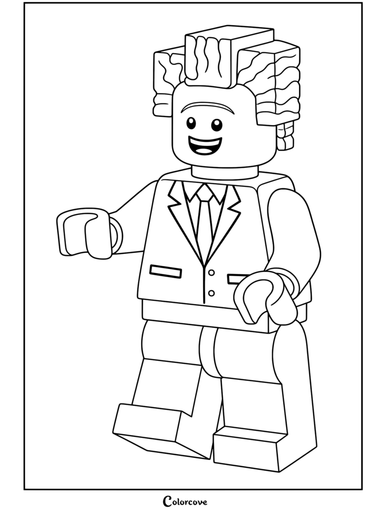 Coloring page featuring President Business, also known as Lord Business, as a Lego minifigure wearing a suit with orange hair, for a Lego Movie coloring page.