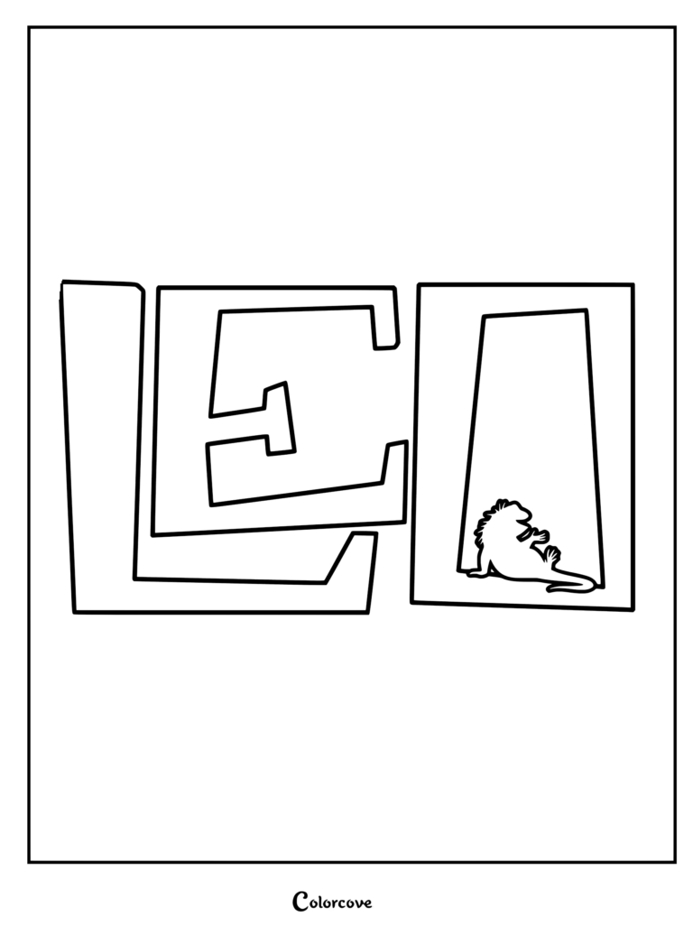 Leo the tuatara sitting inside the letter O of the name Leo coloring page featuring thick line art outlines.