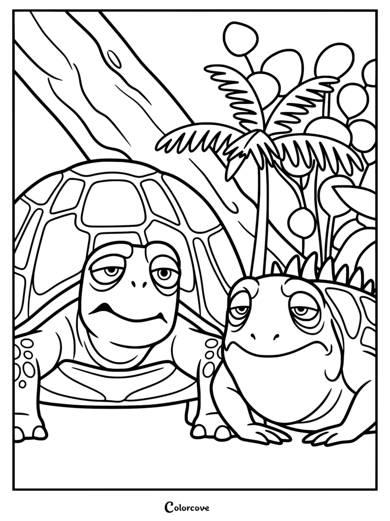 Leo the tuatara and Squirtle the turtle sitting together in a lush outdoor setting, free printable coloring page.