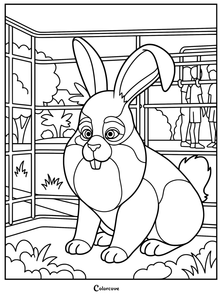 A friendly bunny rabbit sitting inside a classroom enclosure, printable coloring page for kids featuring a classroom scene