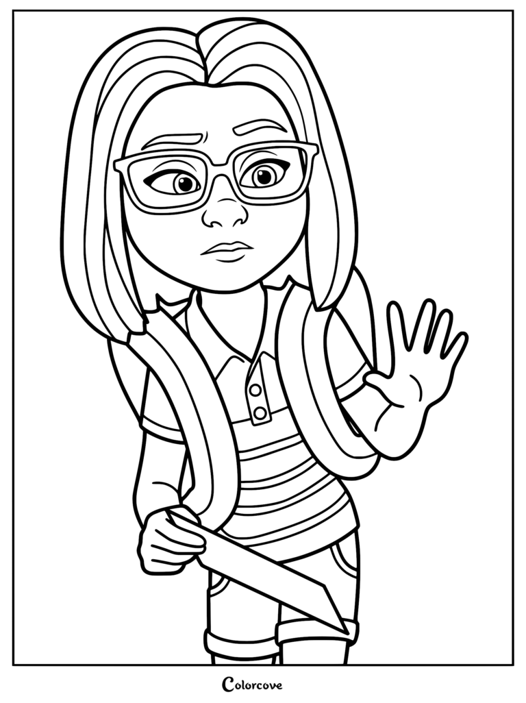 A detailed coloring page featuring Summer from the Netflix movie Leo, wearing glasses and a backpack, with her hand raised in a wave.