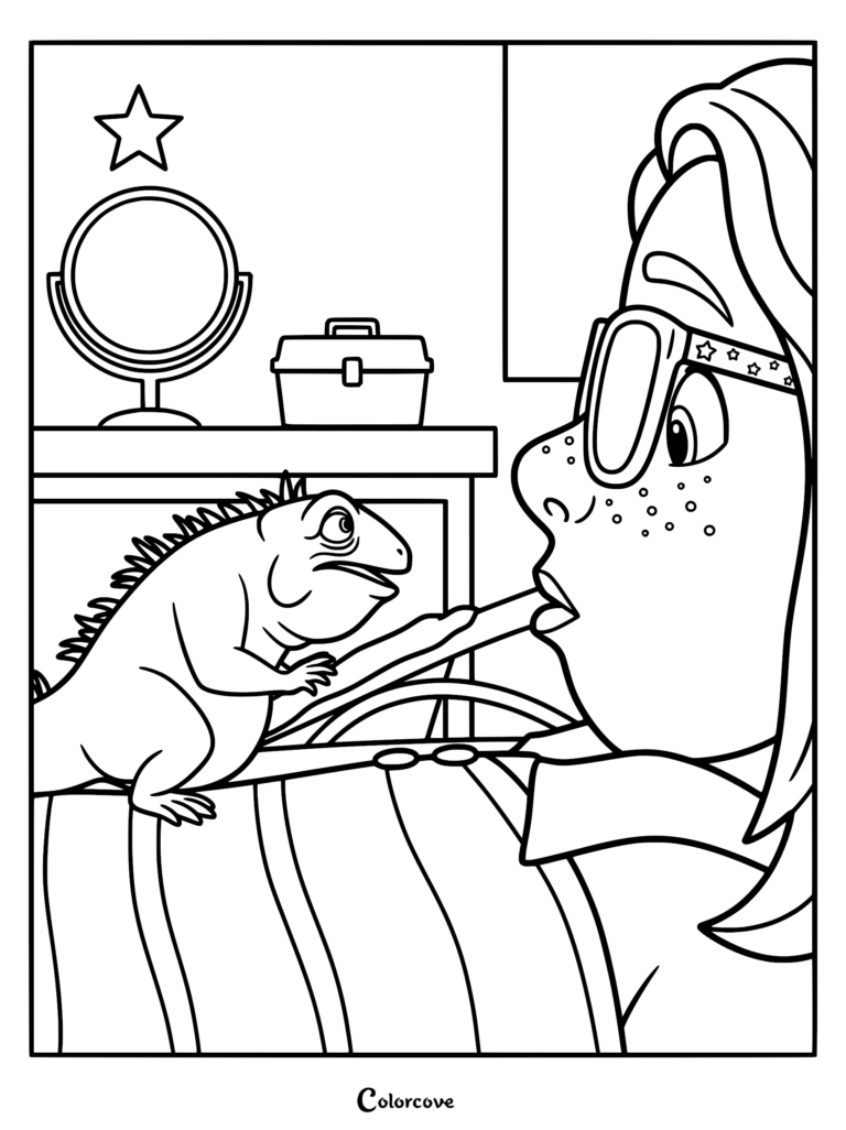 Leo the tuatara talking to the student Summer in a bedroom coloring page for kids