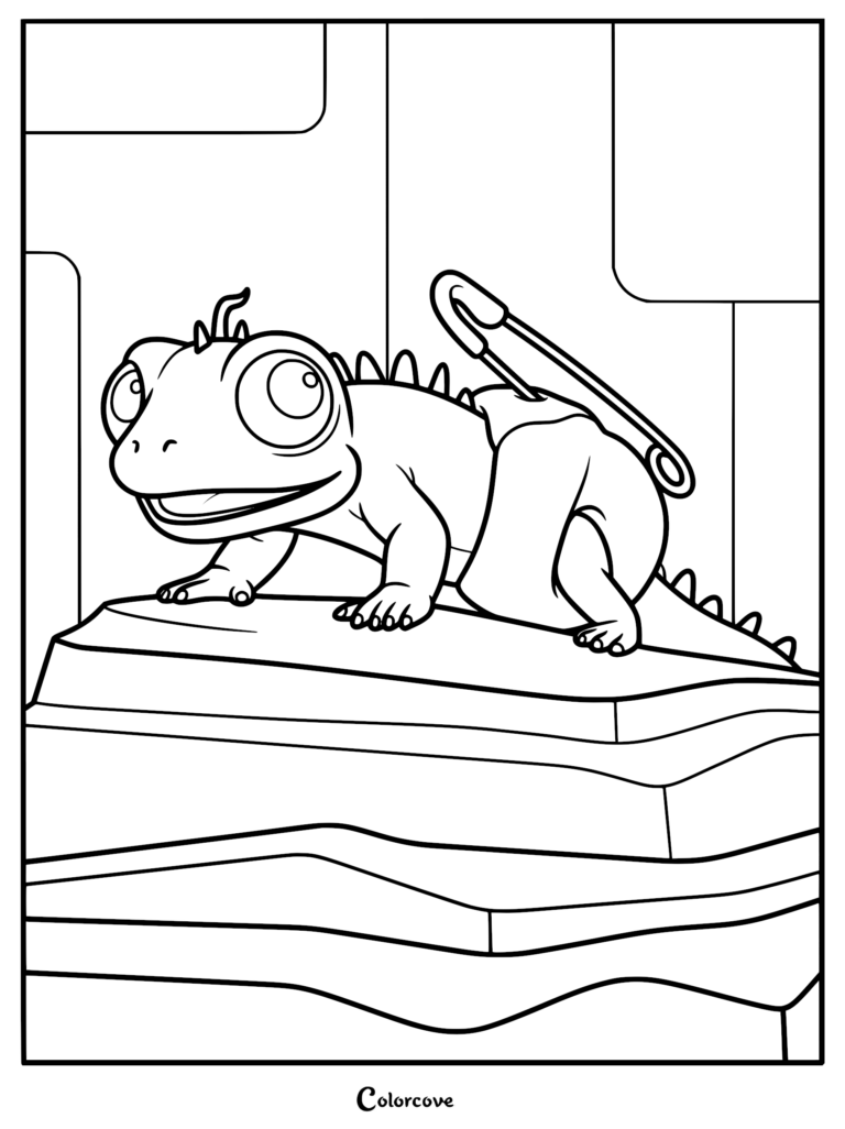 Leo the tuatara from the Netflix movie wearing a diaper pinned with a large safety pin, sitting on a rock in his terrarium, printable coloring page.
