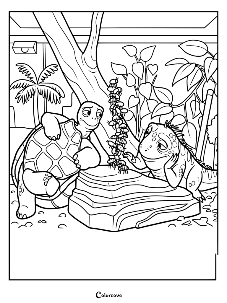 Leo the tuatara and Squirtle the turtle observing a tall column of insects in their terrarium, free printable coloring page.