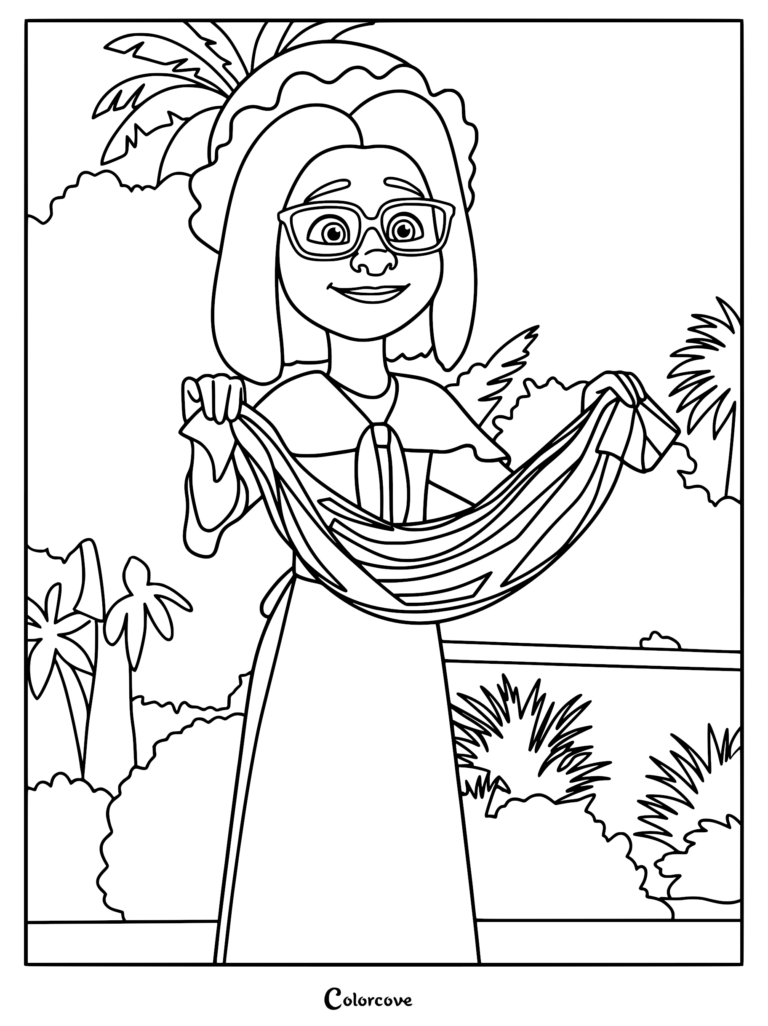 Ms. Malkin standing in a garden setting, holding a fabric drape, featured as an engaging, printable line art coloring page.