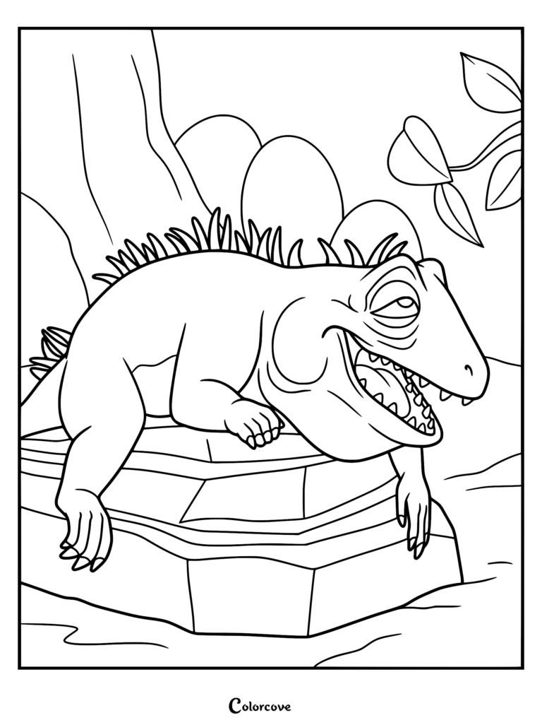 Leo the tuatara from the Netflix movie lying lazily on a large stone in this printable coloring page, featuring his signature spiked back and tired, grinning expression.