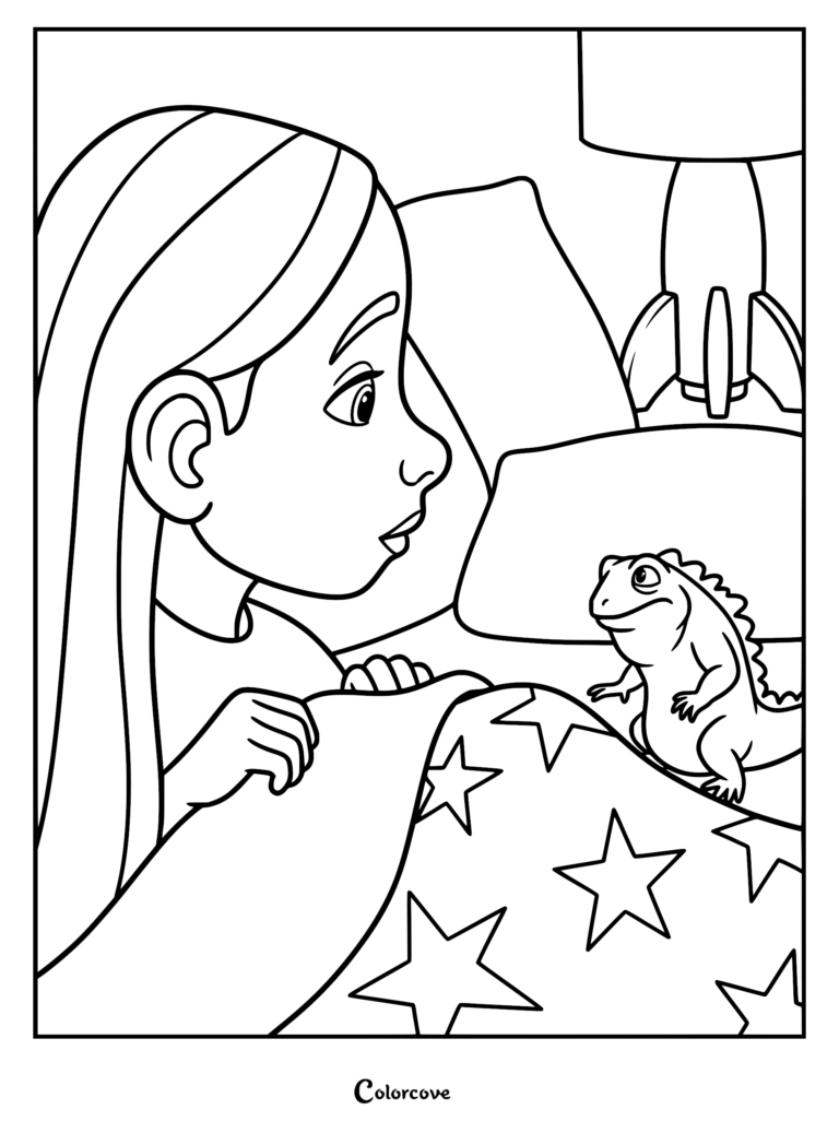 Summer lying in bed with a star-patterned blanket while Leo the tuatara sits nearby in this printable coloring page.