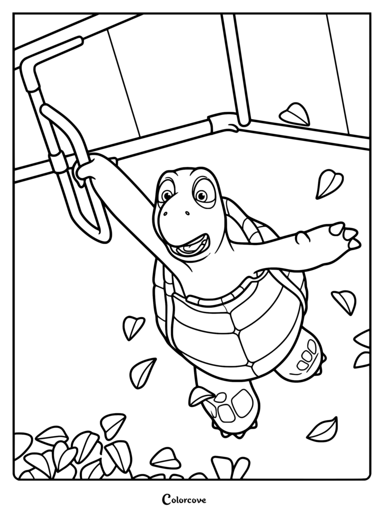 Squirtle the turtle from the Netflix film Leo, shown hanging from a horizontal bar in his classroom enclosure, rendered as a clear line art coloring page.