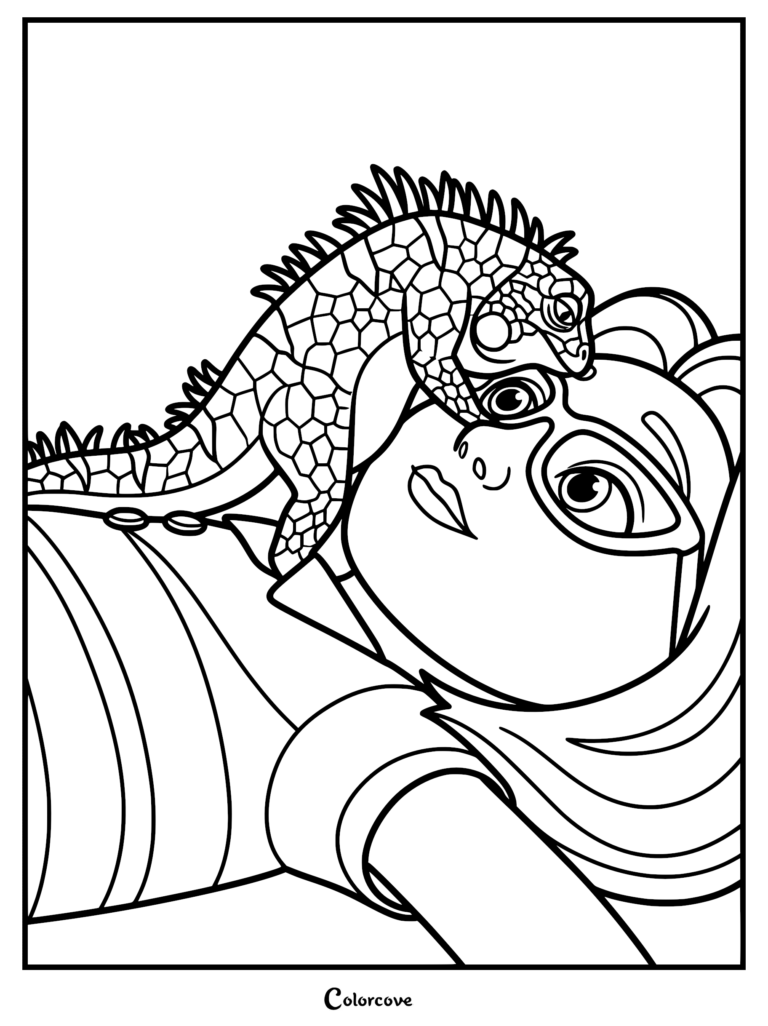 A detailed coloring page of Leo the tuatara perched affectionately on Summer's head, showing their close bond.