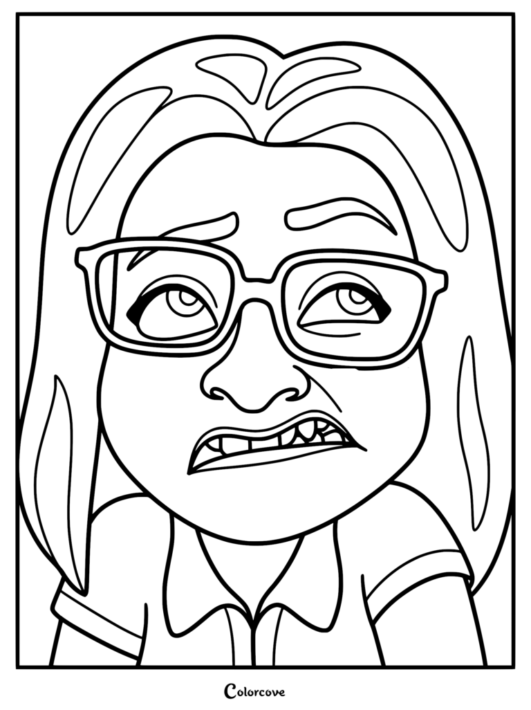 A printable coloring page featuring the face of Ms. Malkin from the Netflix movie Leo, showing her with a stern expression, glasses, and a collared shirt.